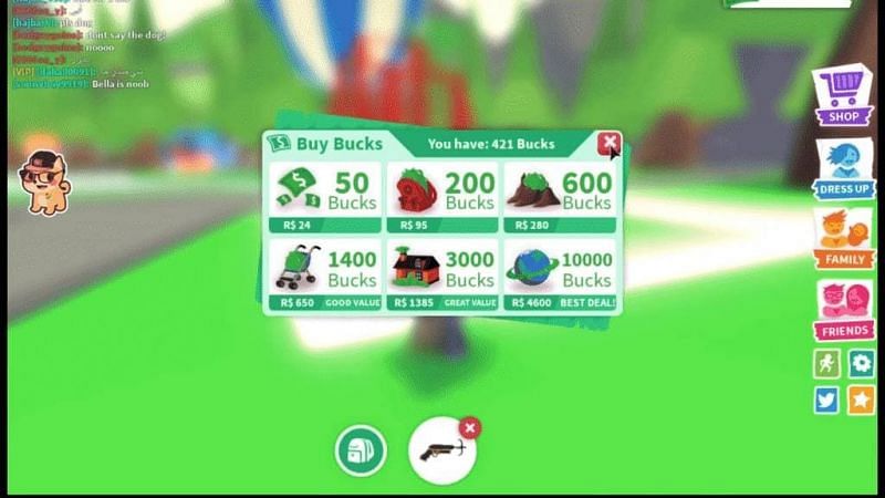 The Bucks purchasing window in Adopt Me! (Image via Roblox Corporation)